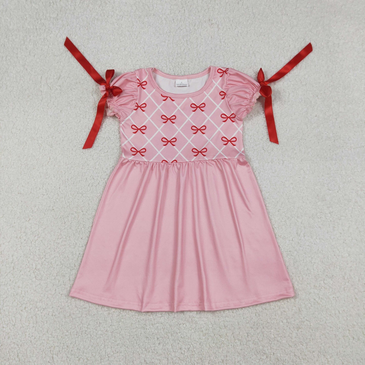 Baby Girls Short Sleeves Bows Plaid Pink Knee length Dress RTS