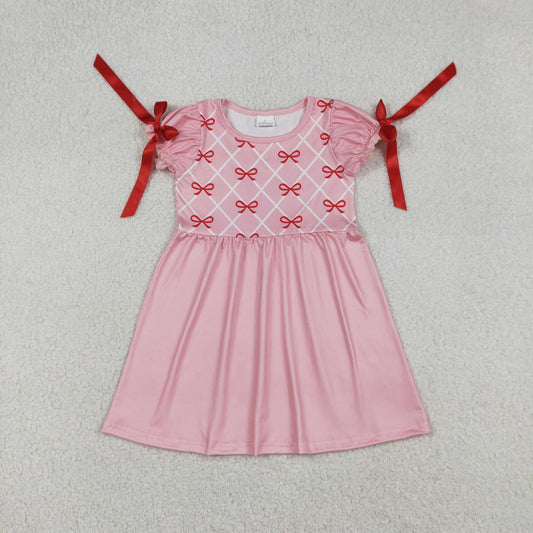 Baby Girls Short Sleeves Bows Plaid Pink Knee length Dress RTS