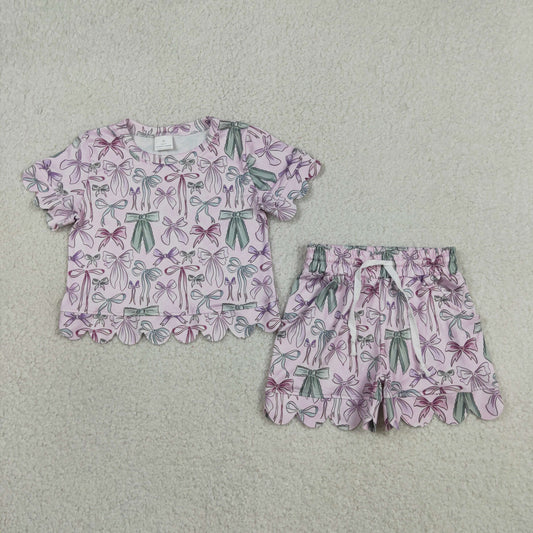 Baby Girls Kids Short Sleeves Bows Shirt Scallop Shorts Summer Pink Set RTS