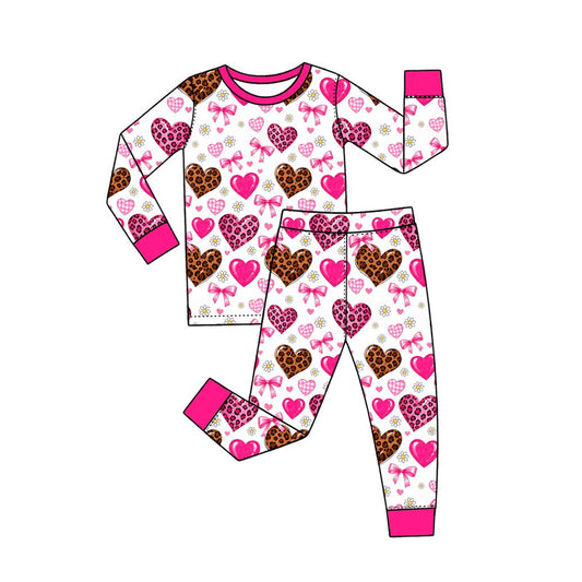( Moq 5 ) Preorder Baby Girls Kids Leopard Hearts Bows Shirt Pants Set Pajamas Valentine Clothes