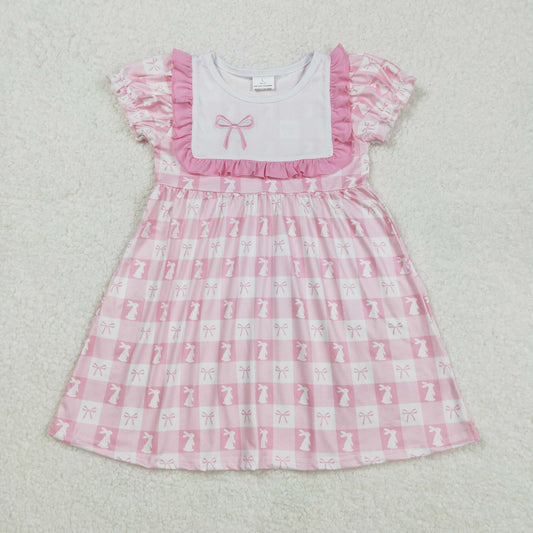 Baby Girl Short Sleeves Embroidery Pink Bow Easter Rabbits Plaid Knee Length Dress RTS