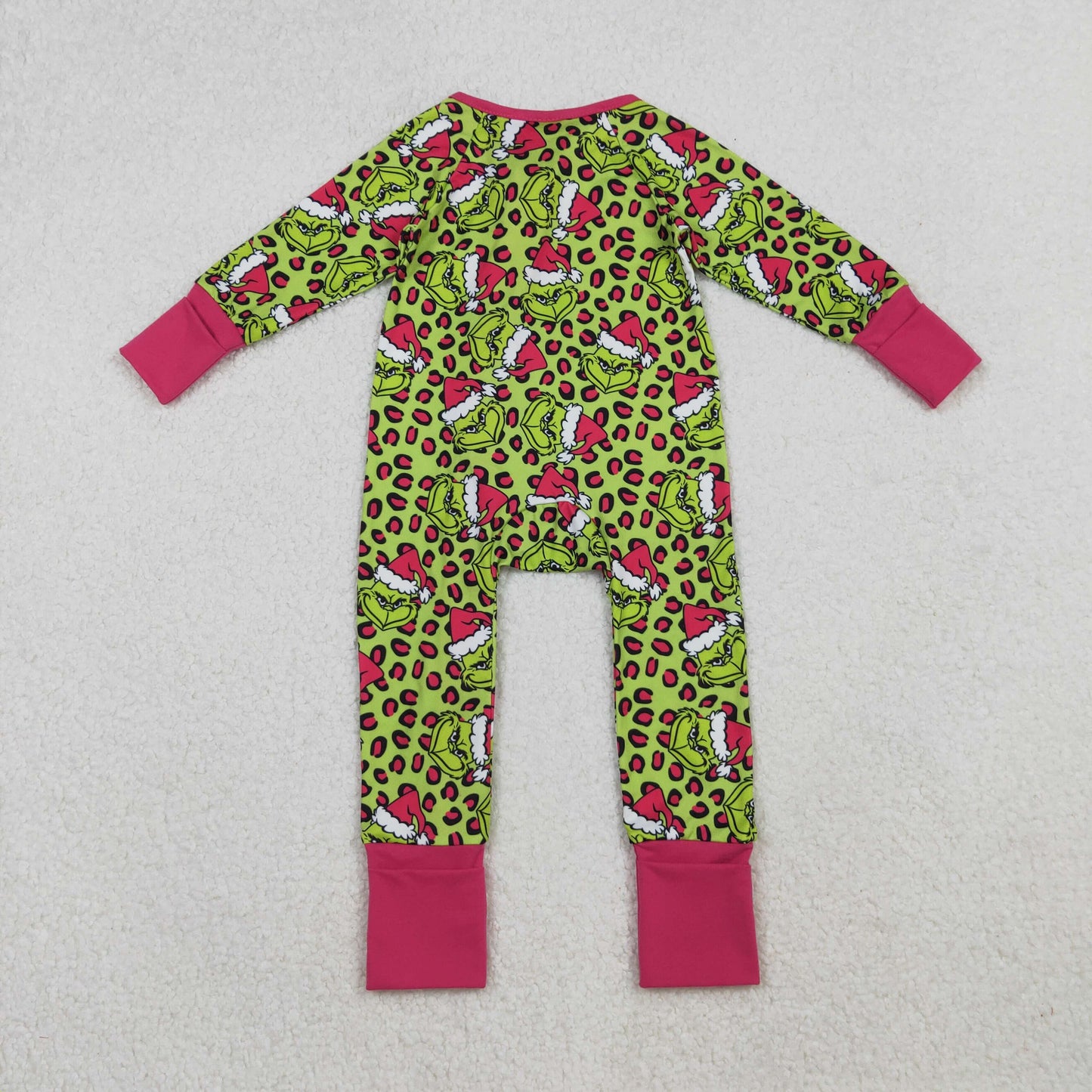 Baby Girl Fur Long Sleeves Green Face Leopard Christmas Red Zipper Pajamas Romper RTS