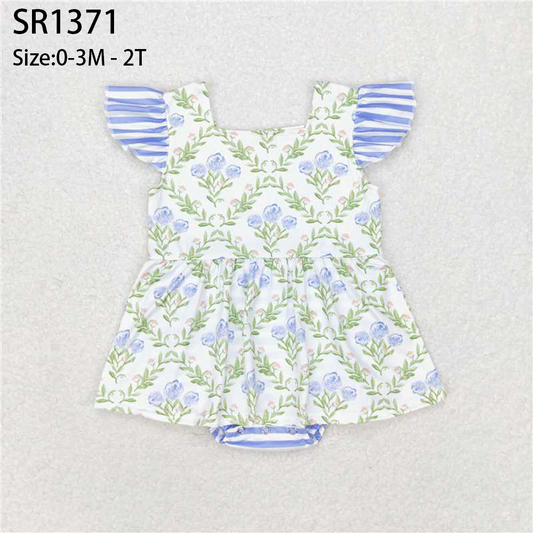 Baby Girl Short Sleeves Flower Stripes One Piece Romper