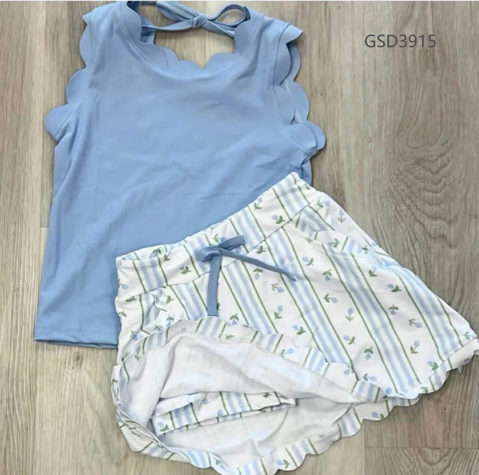 ( Moq 5 ) Preorder Baby Girls Kids Blue Scallop Tops Floral Pockets Skirt Shorts Yoga Summer Set
