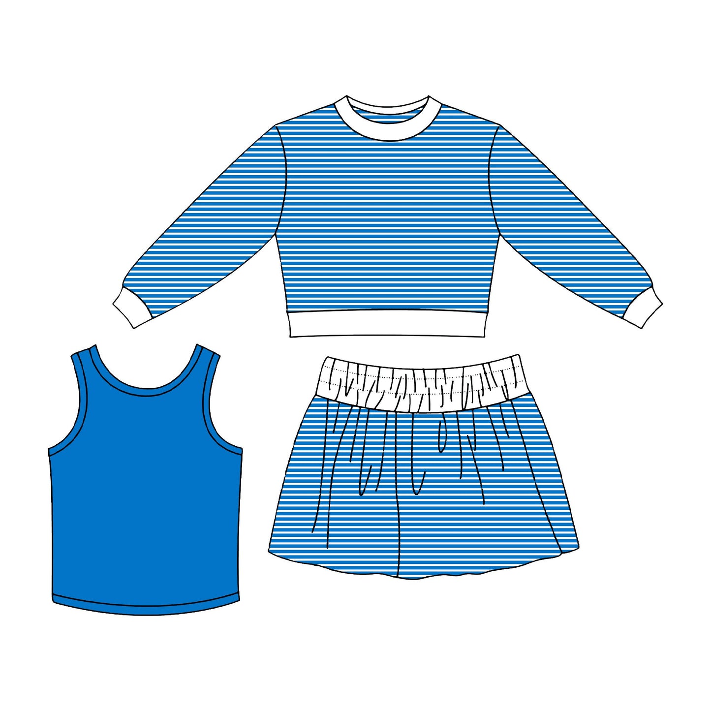 ( Moq 5 ) Preorder Baby Girl Kids Blue Tops Stripes Skirt Shorts Three Pieces Set Yoga Active Clothes