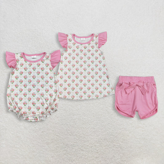 Sibling Baby Girls Infant Short Sleeves Flowers Bows Tops Shorts Set Bubble Romper RTS