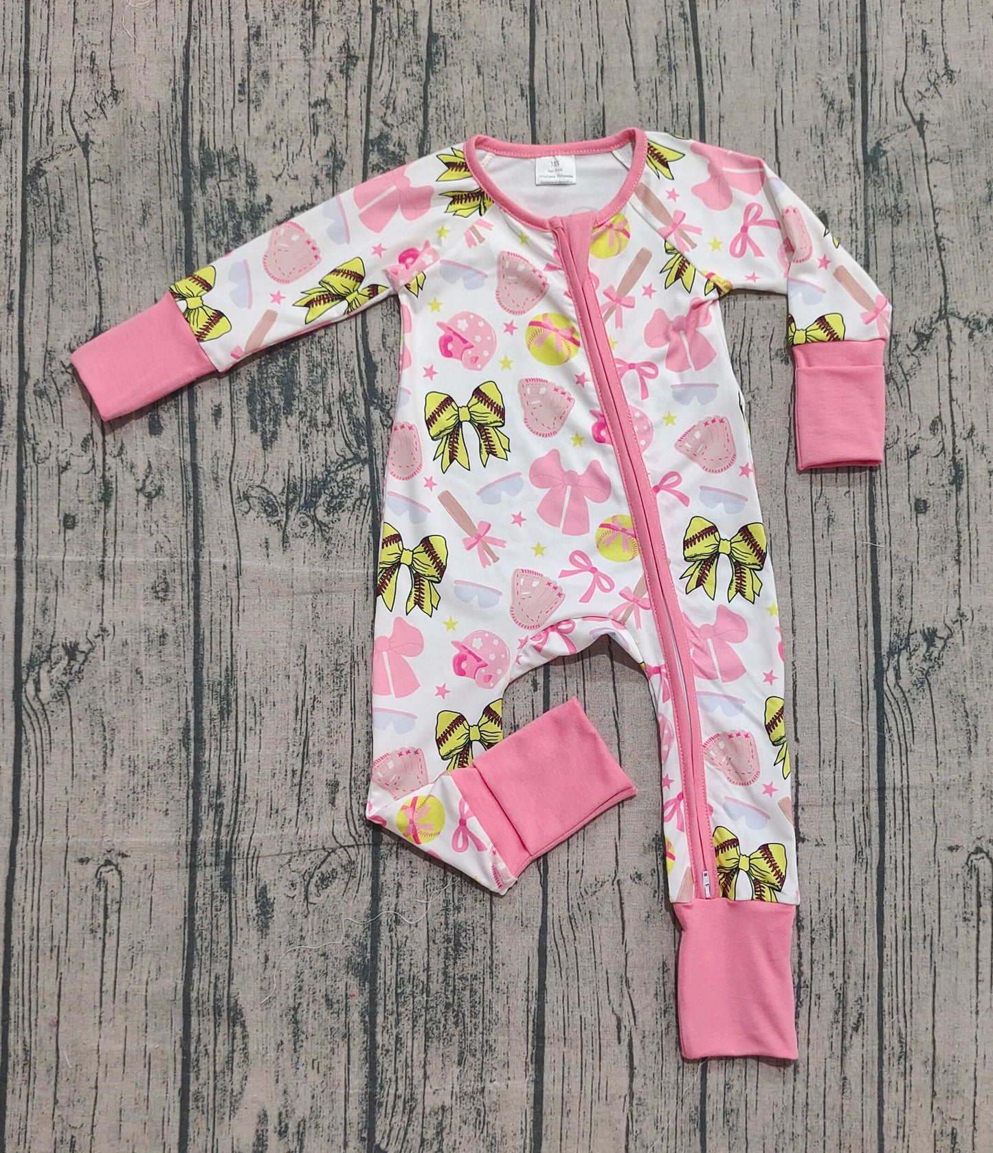 Girls Infant Long Sleeves Softball Bows Zipper Sleeper Romper RTS