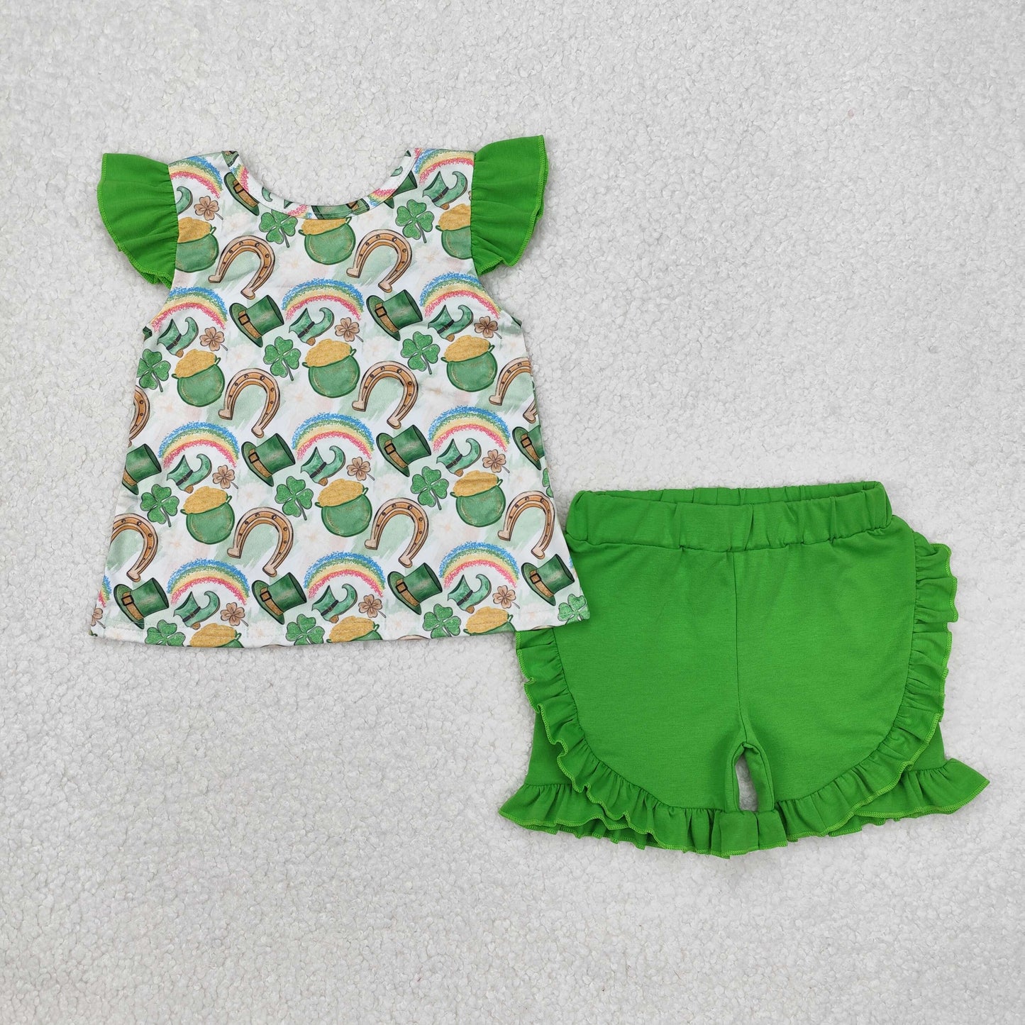 Baby Boy Green Short Sleeves St Patrick Day Pocket Shirt Rainbow Shorts Clothes Set