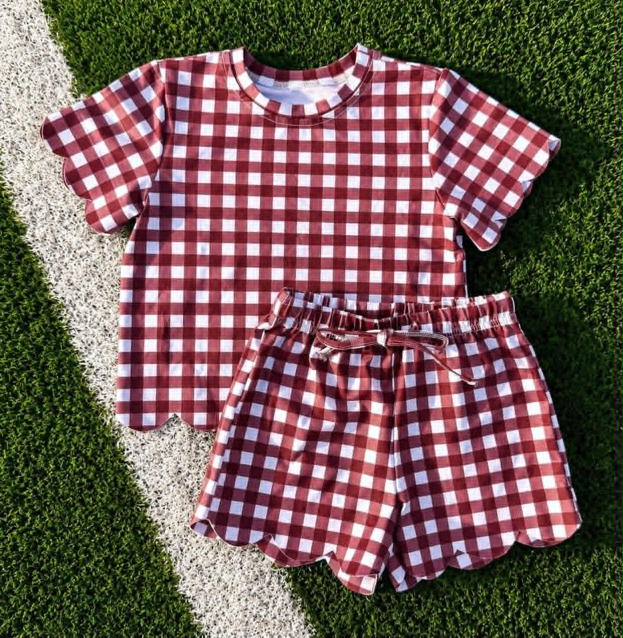 ( Moq 5 ) Preorder Baby Girls Kids Short Sleeves Red Plaid Shirt Scallop Shorts Set Clothes