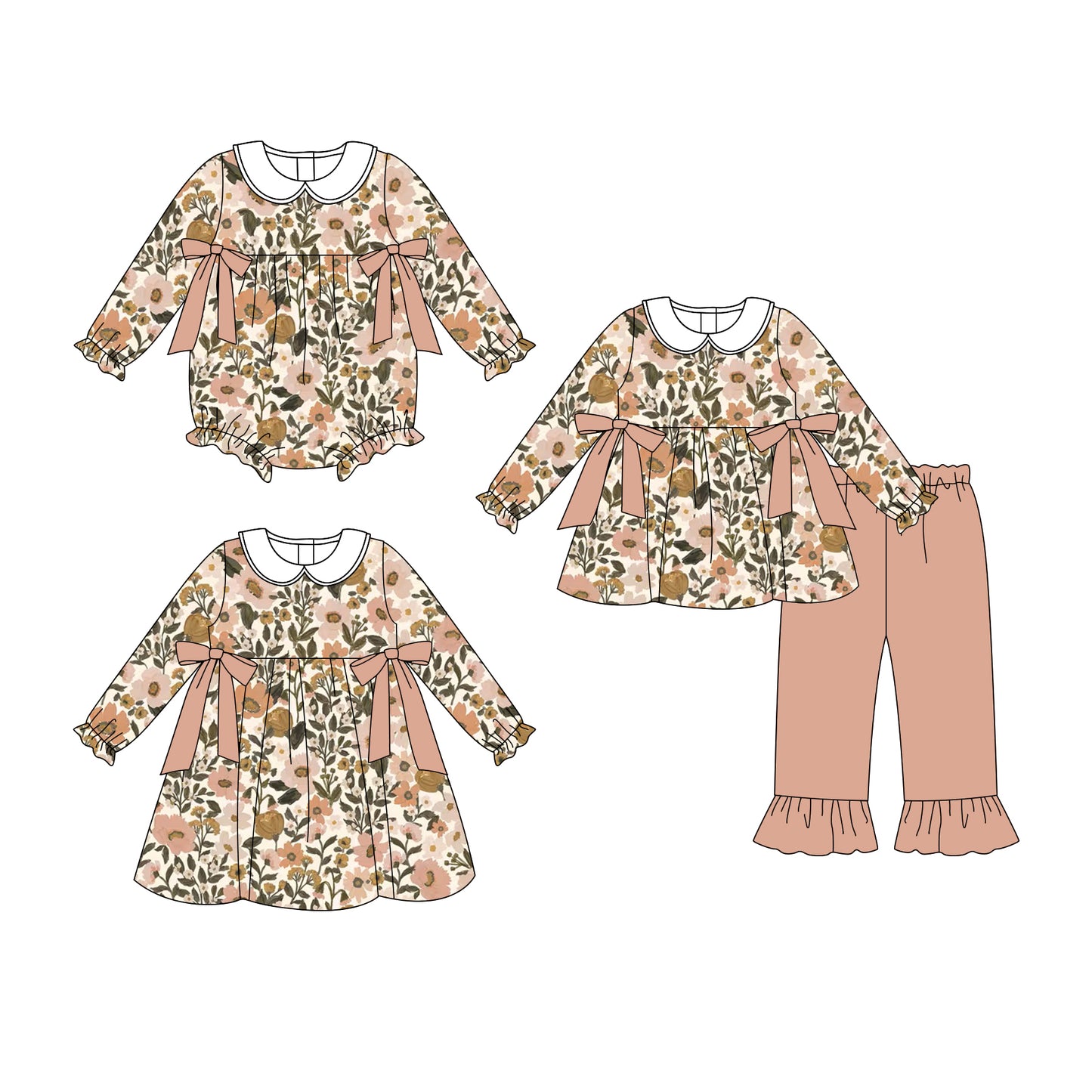( Moq 5 Each Style ) Sibling Baby Girls Kids Long Sleeves Flower Bows Romper Dress Set Clothes