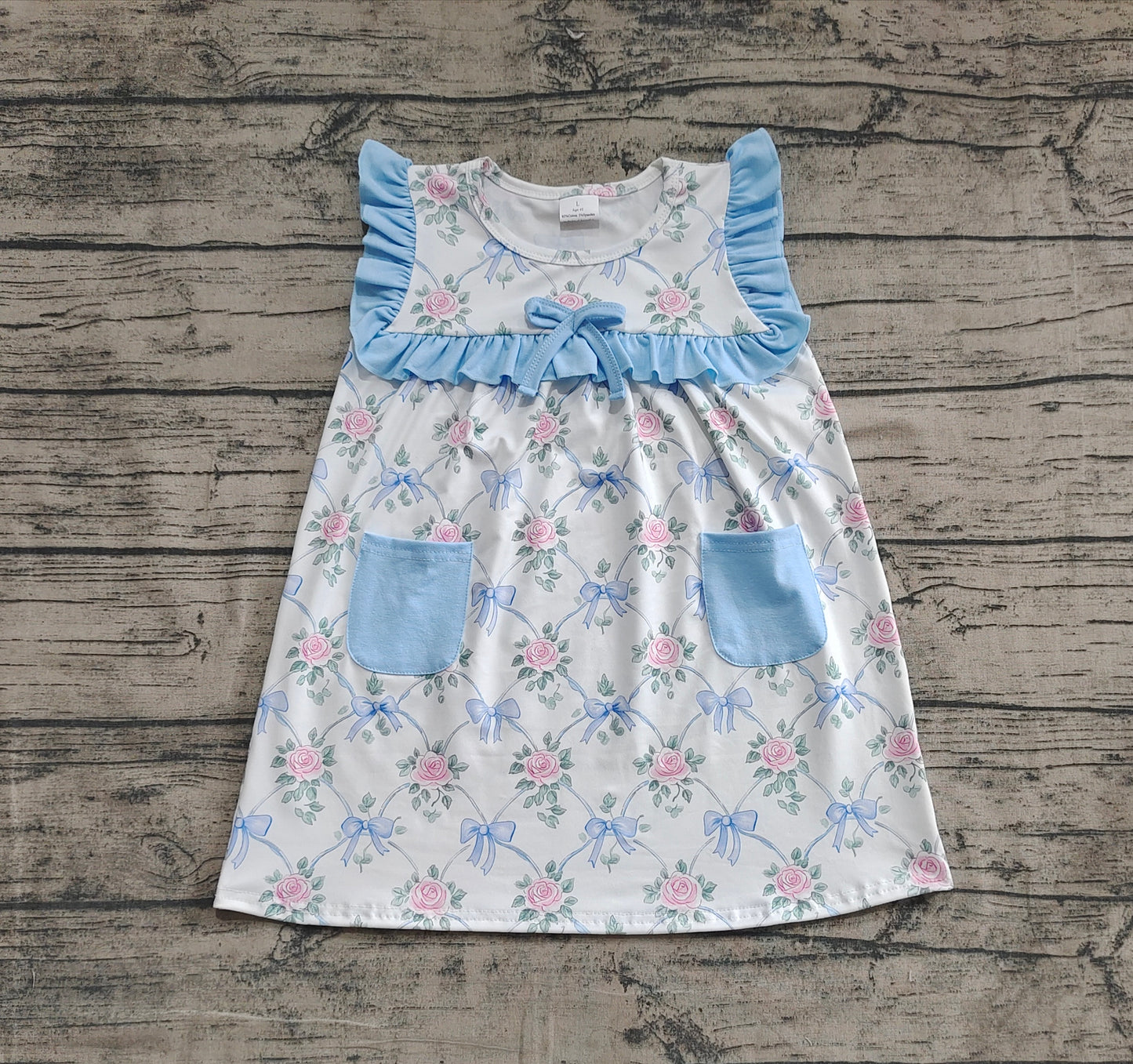 Baby Girl Sleeveless Bows Flower Blue Pockets Knee Length Dress RTS