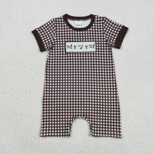 Baby Boy Short Sleeves Embroidery Ducks Brown Plaid Buttons Romper RTS