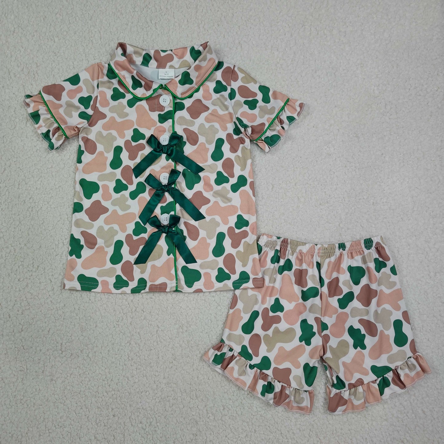 Sibling Baby Girls Kids Bows Buttons Shirts Camo Ruffle Shorts Hunting Pajamas Sets RTS