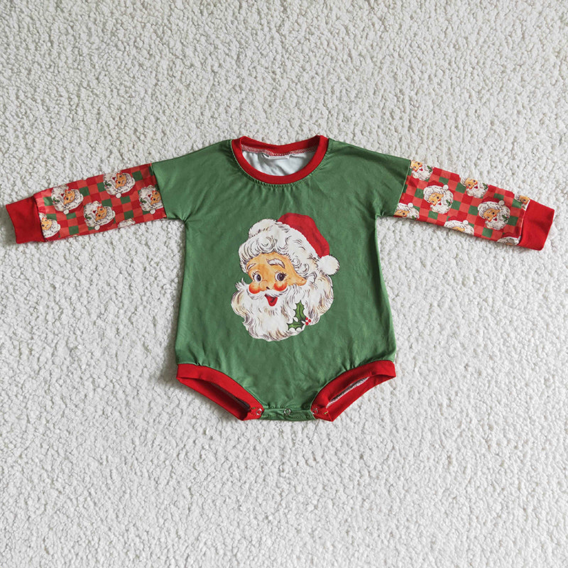 Promotion Baby Kids Infant Long Sleeves Christmas Santa Green Bubble Romper RTS