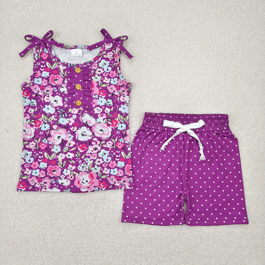 Baby Girl Bows Flower Button Tunic Tops Dots Purple  Shorts Set RTS