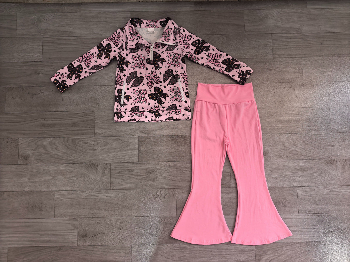 ( No moq ) Preorder Baby Girls Kids Halloween Bows Zipper Pockets Tops Pink Pants Set Clothes