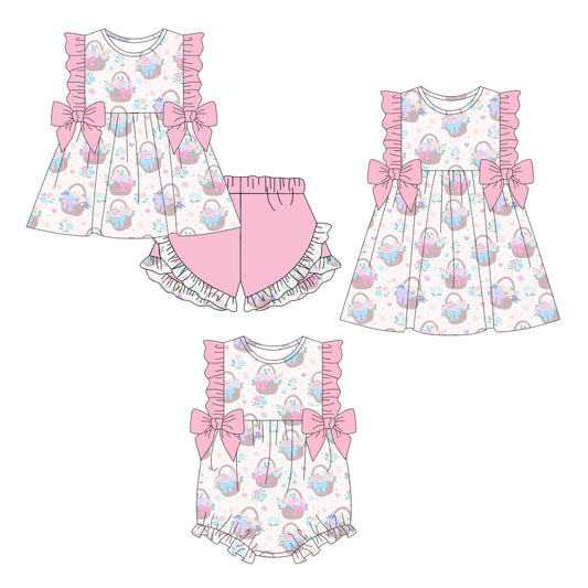 ( Moq 5 Each Style ) Baby Girls Kids Eggs Flower Pink Bows Sibling Easter Romper Dress Set