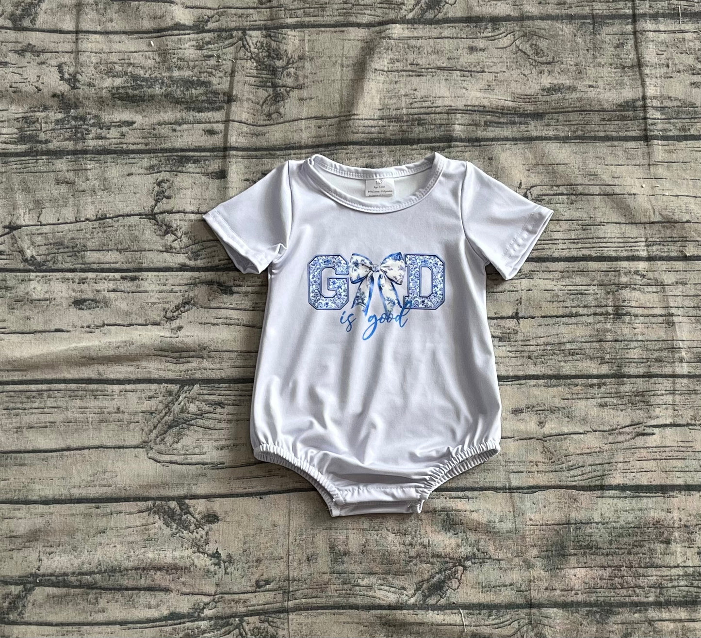 Baby Girl Infant God Is Good Bow Grey Bubble Romper RTS