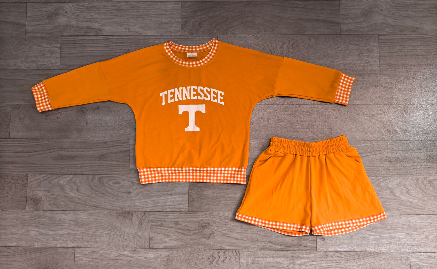 ( No moq ) Preorder Baby Girls Kids Long Sleeves Orange Shirt Shorts Cotton Set Team Clothes