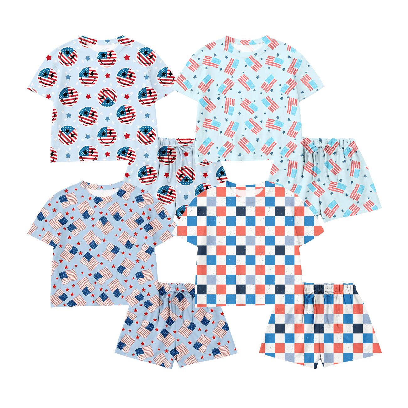 ( Moq 5 Each Style ) Sibling Baby Girls Kids Short Sleeves Flags Shirts Shorts 4th of July Sets