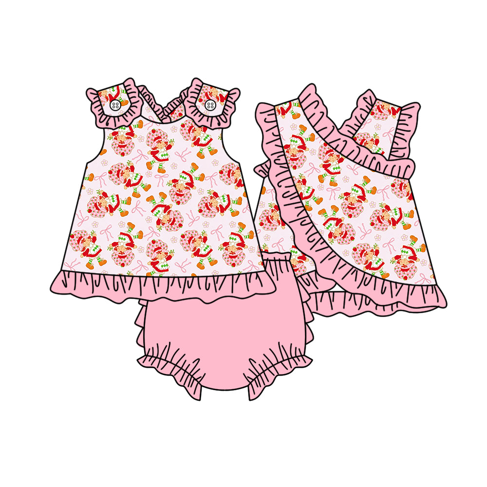 ( Moq 5 ) Preorder Baby Girl Kids Strawberry Bows Tops Ruffle Pink Bummie Shorts Set Clothes