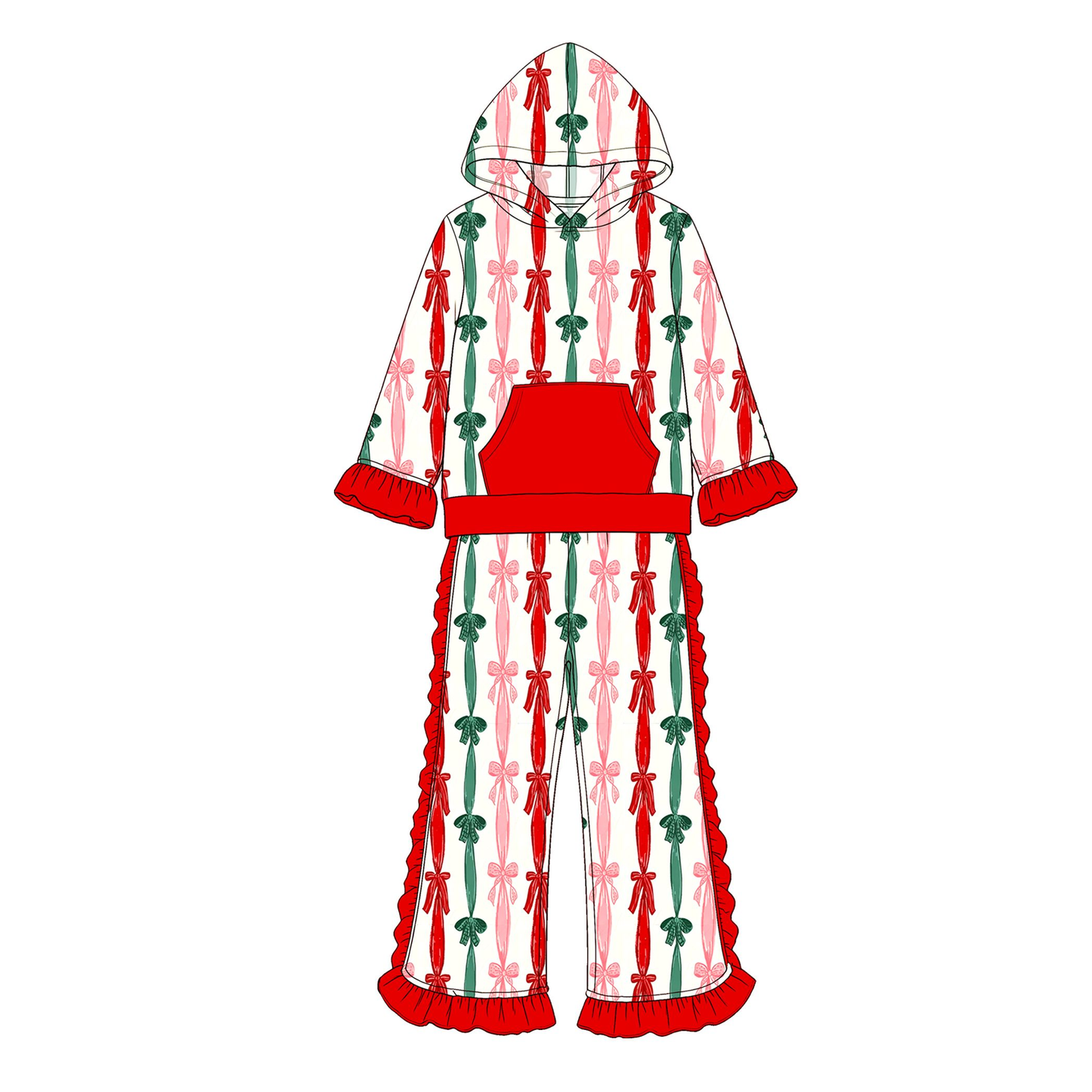 ( Moq 5 ) Preorder Baby Girls Kids Christmas Bows Stripes Hoodie Pocket Hoodie Ruffle Pants Set Clothes