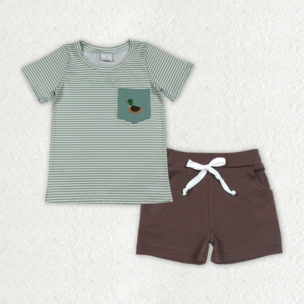 Baby Boys Kids Short Sleeves Embroidery Duck Green Stripes Shirt Pockets Shorts Clothes Set RTS