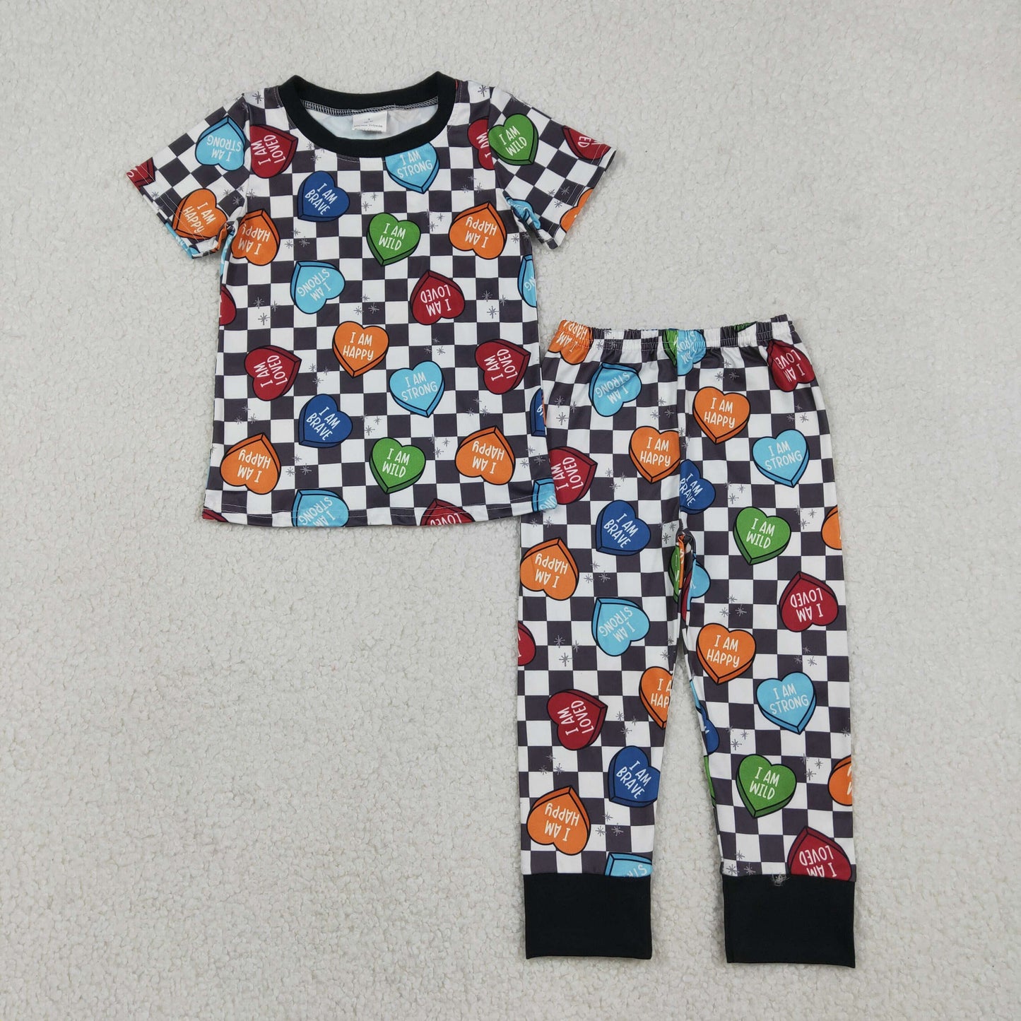 Baby Boy Valentines Hearts Shirt Checkered Pants Pajamas Clothes Set RTS