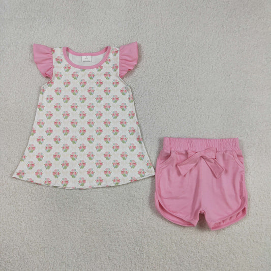 Baby Girls Kids Short Sleeves Flowers Bows Tops Pink Pockets Shorts Set RTS
