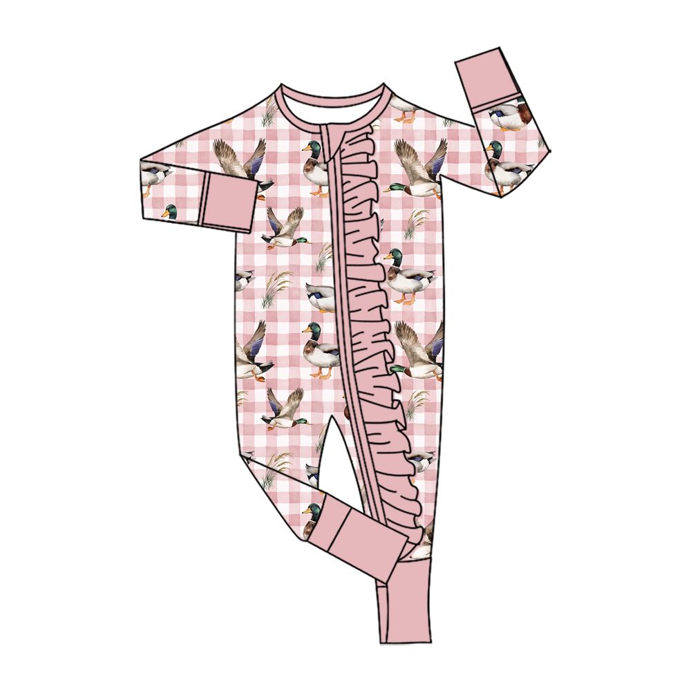 ( Moq 5 ) Preorder Baby Girls Pink Ruffle Zipper Sleeper Romper Ducks Plaid Clothes