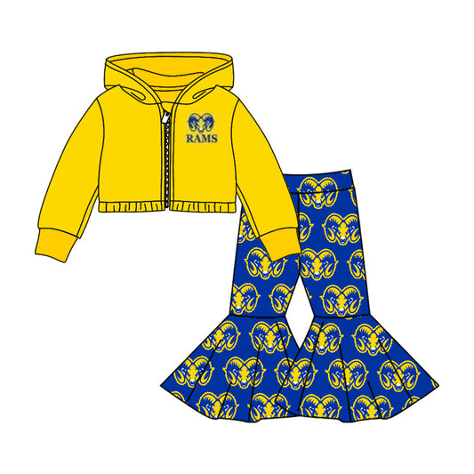 Baby Girl Yellow Long Sleeves Team Zipper Tops Bell Pants Clothes Set Moq 5