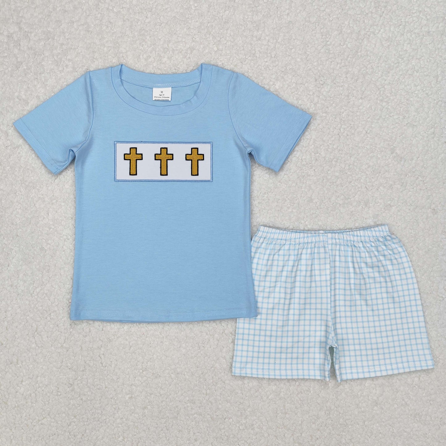 Baby Boy Short Sleeves Embroidery Easter Cross Blue Shirt Plaid Shorts Clothes Set RTS