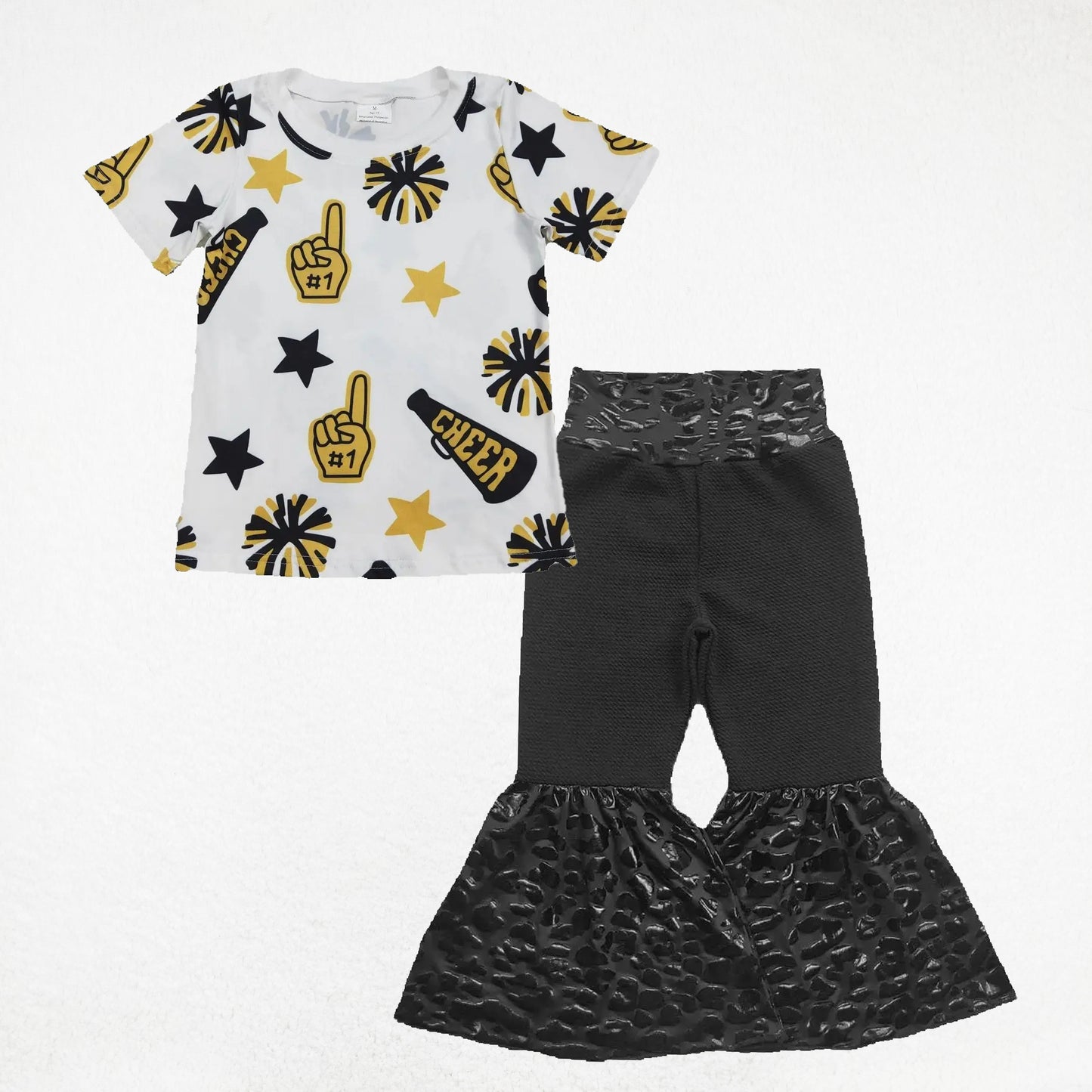 Baby Girl Short Sleeves Cheer Yellow Shirt Black Leather Bell Pants Clothes Set RTS