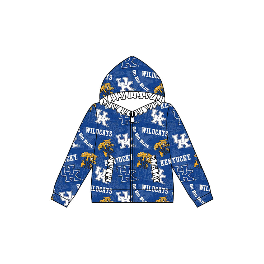 Baby Girl Long Sleeves Tiger Team Blue Ruffle Hooded Zipper Pocket Coat Shirt Tops Moq 5