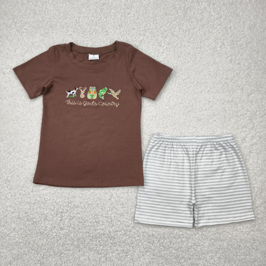 Baby Boy Short Sleeves Embroidery Ducks Deer Fish Shirt Stripes Short Hunting Set RTS