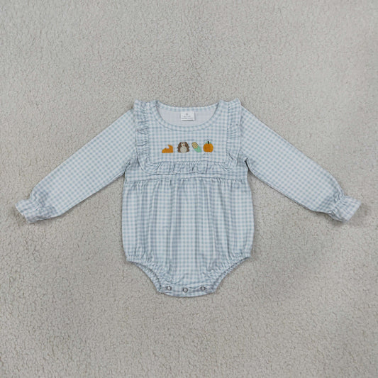 Baby Girls Infant Embroidery turkey Pumpkin Plaid Bubble Romper Fall Clothes RTS
