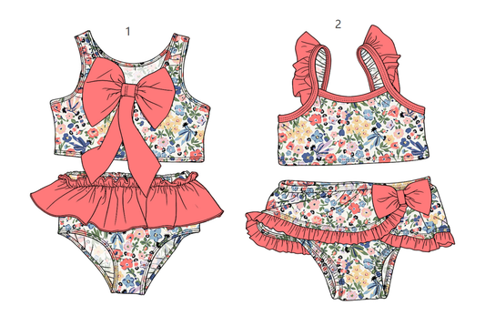 ( Moq 5 Each Style ) Sibling Baby Girls Kids Floral Tops Ruffle Shorts Bows Sets Summer Swimsuits