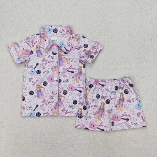 Baby Girl Short Sleeves Singer Buttons Shirt Shorts Pajamas Clothes Pink Set RTS