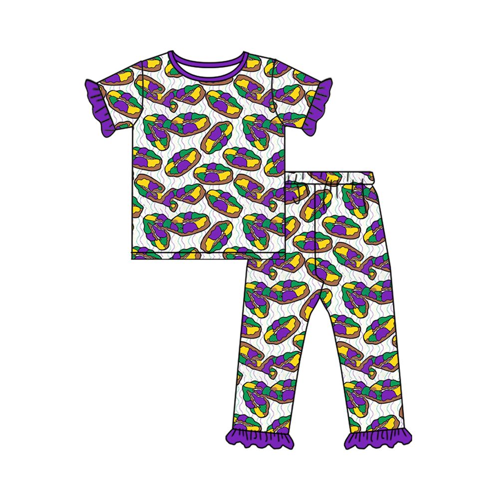 ( Moq 5 ) Preorder Baby Girls Kids Short Sleeves Donuts Shirt Pants Pajamas Mardi Gras Set Clothes