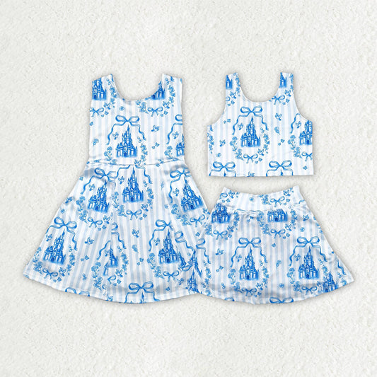 Baby Girl Sleeveless Castles Bows Flower Sibling Yoga Active Skort Blue Dress Set RTS