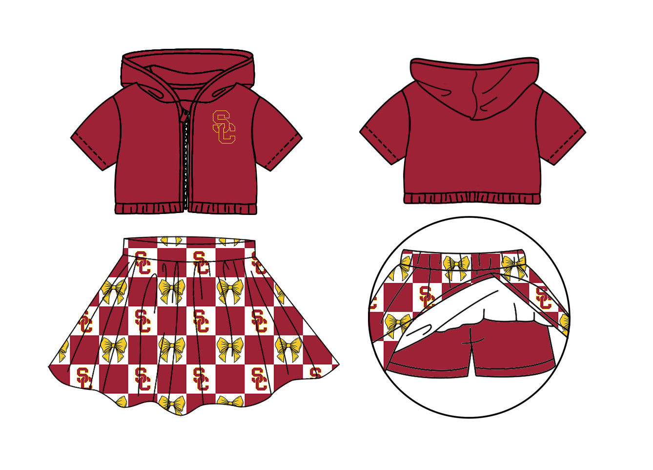 ( Moq 5 Each Style ) Baby Girls Kids Short Sleeves Hoodie Zipper Tops Yellow Bows Plaid Shorts Skirt Team Set