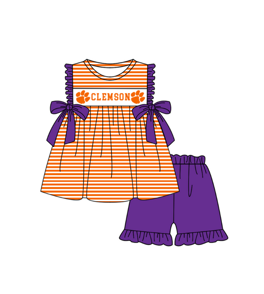 ( Moq 5 ) Baby Girls Toddler Short Sleeves Orange Stripes Purple Bows Tunic Red Shorts Team Set