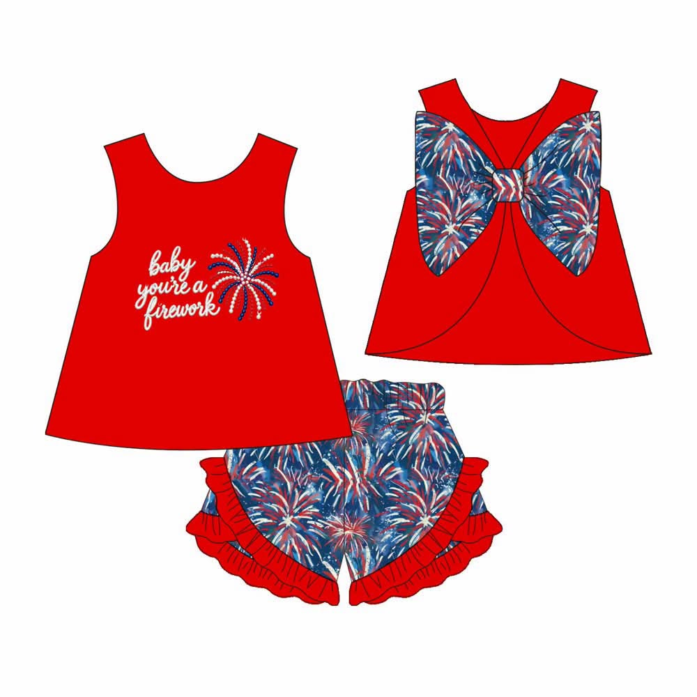 ( Moq 5 ) Preorder Baby Girls Kids Bows Red Tops Firework Print Ruffle Shorts 4th of July Set Clothes