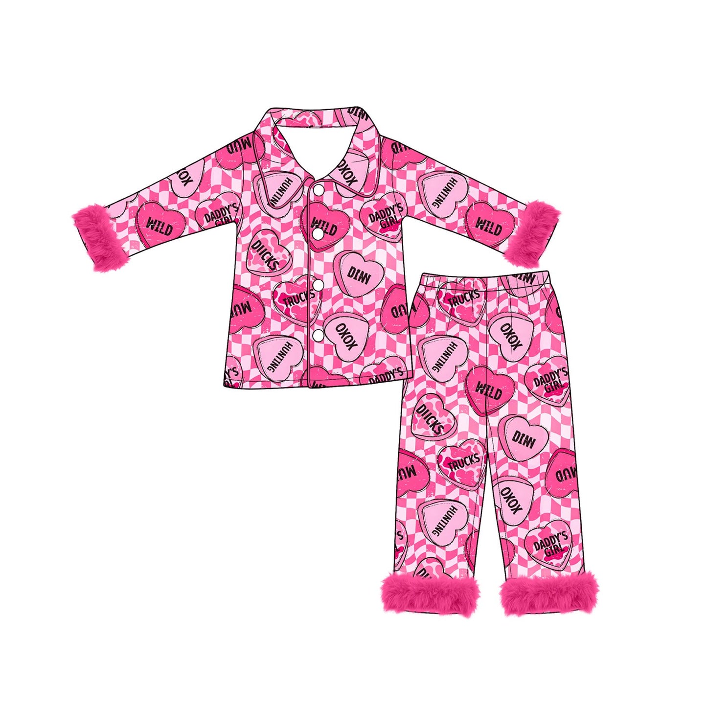 ( Moq 5 ) Preorder Baby Girls Kids Valentine Hearts Plaid Fur Buttons Shirt Pants Pink Pajamas Set Clothes