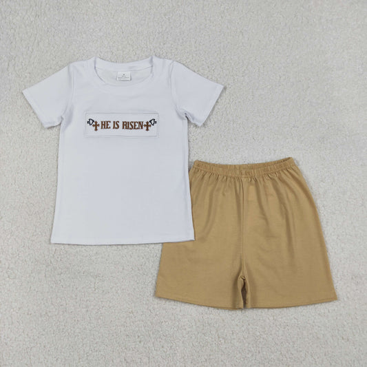 Baby Boys Short Sleeves Embroidery He is Risen Cross Shirt Shorts Easter Set RTS