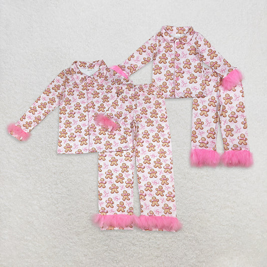 Sibling Girls Kids Adult Women Pink Fur Bows Gingerbread Buttons Shirt Pants Pajamas Christmas Set RTS
