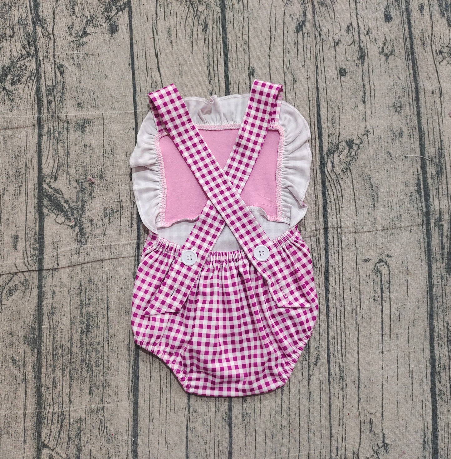 ( No moq ) Preorder Baby Girls Straps Fishing Plaid Ruffle Bubble Romper