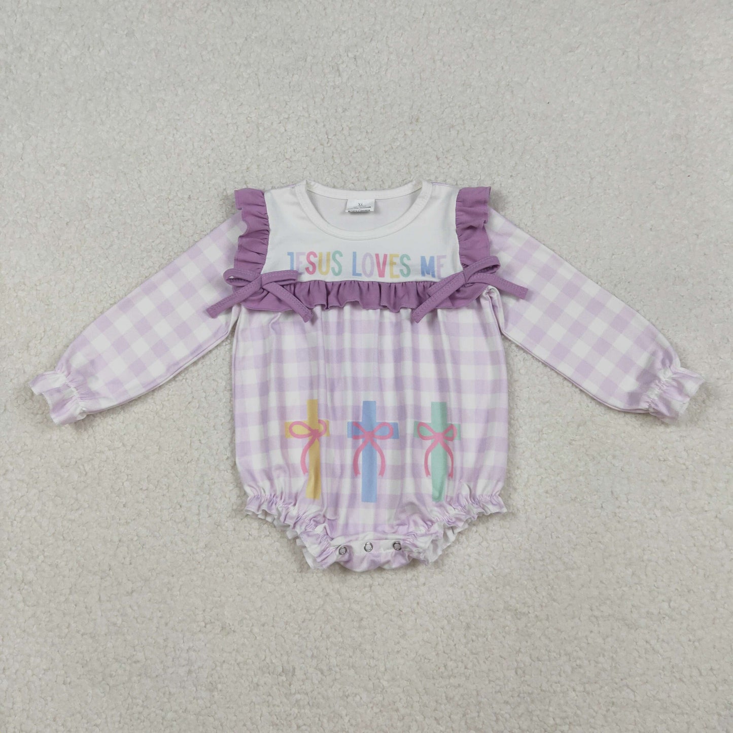 Baby Girls Infant Long Sleeves Jesus Loves Me Purple Plaid Cross Easter Romper RTS