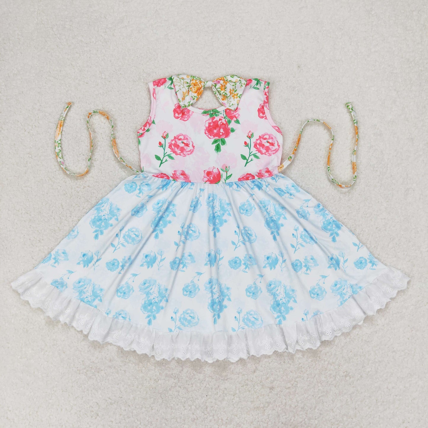 Baby Girl Sleeveless Pink Blue Flower Summer Twirl Dress