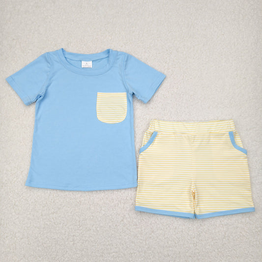 Baby Boy Short Sleeves Blue Shirt Pockets Stripes Shorts Clothes Set RTS